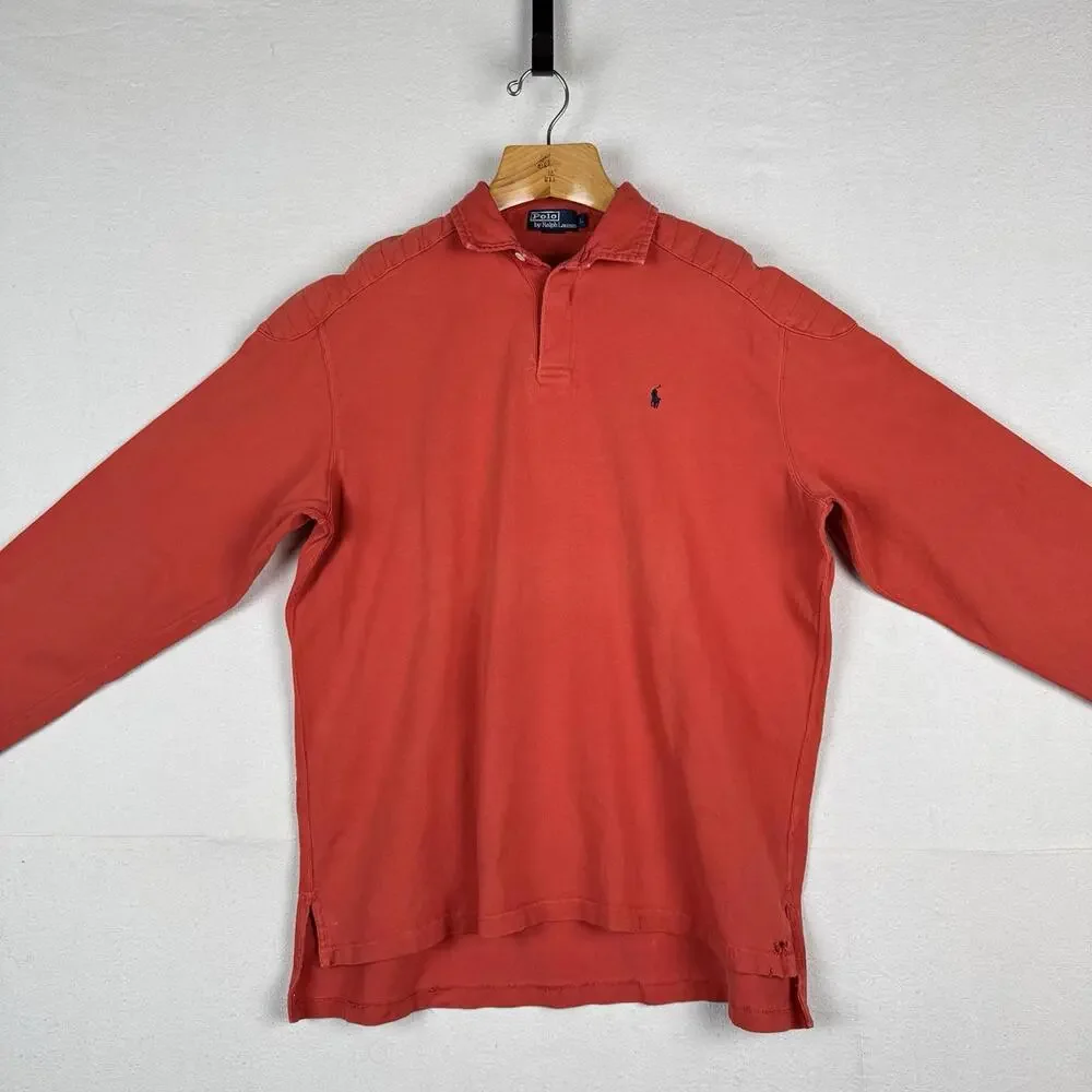 90’s Vtg Polo Ralph Lauren Rugby Shirt Mens L Orange‎ Quilted Elbows *Distressed
